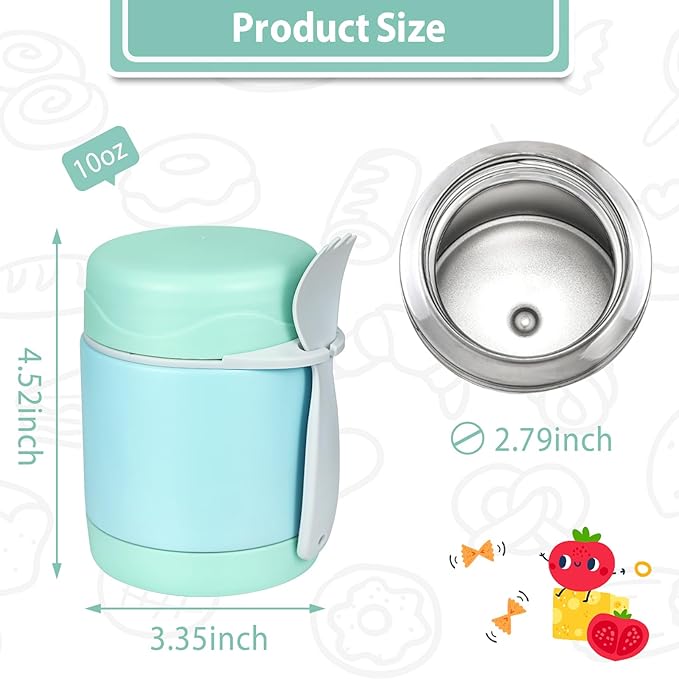 10oz Soup Thermo for Hot Food Kids,Lunch Thermo Kids Food Jar with Spoon Hot Insulated Food Containers,Leak Proof Stainless Steel Wide Mouth Lunch Food Thermo Jar for School(Mint-Green)