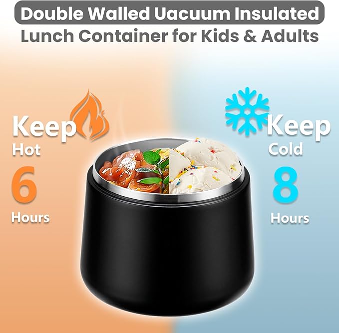 14oz Insulated Vacuum Food Jar with Buckle Lid,Soup Thermo for Hot Food Kids,Wide Mouth Leakproof Stainless Steel Lunch Container with Spoon-Black