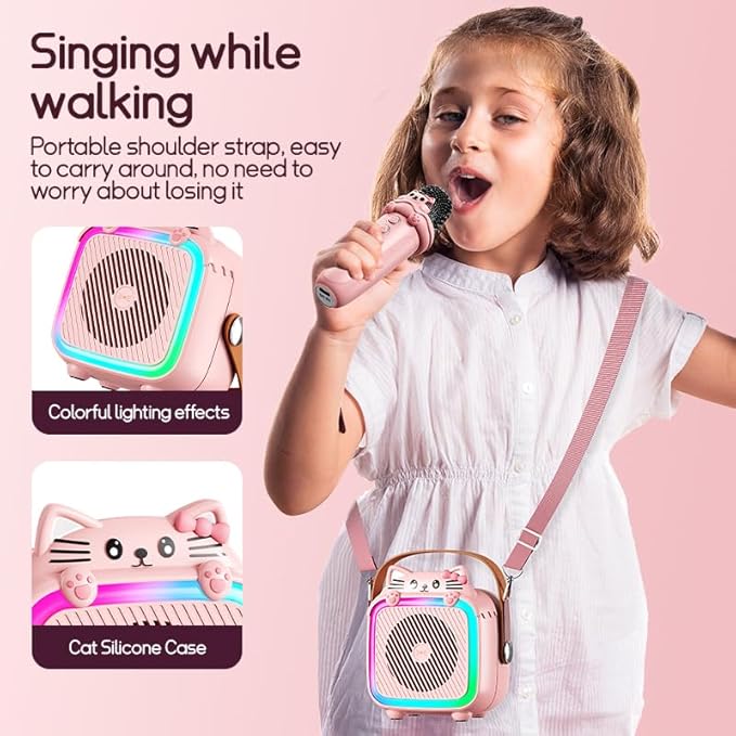 Karaoke Machine with 2 Wireless Microphones for Kids Adults,Portable Bluetooth Speaker Girls Toddlers Toy Gift for Aged 3-12 Year Birthday Parties Christmas Party - Pink