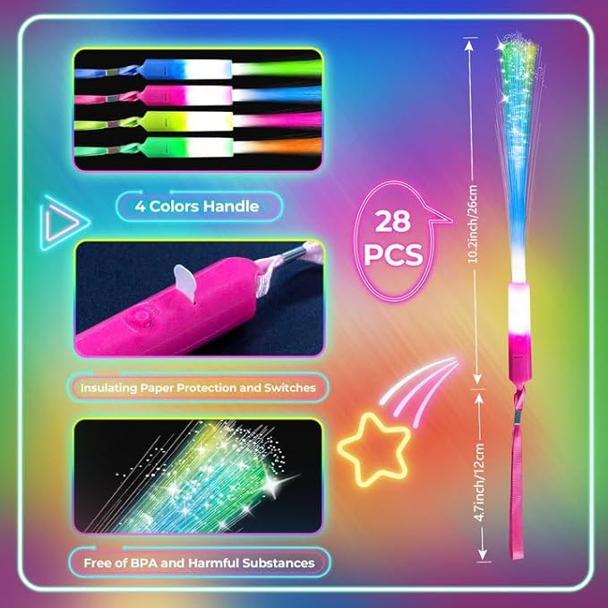 28 PCS Glow Fiber Wands Sticks, Halloween Glow Sticks, LED Light Wands, Glow in The Dark Party Supplies, Fiber Optic Wands, LED Flashing Sticks, Fiber Optic Light Wand Stick for Party