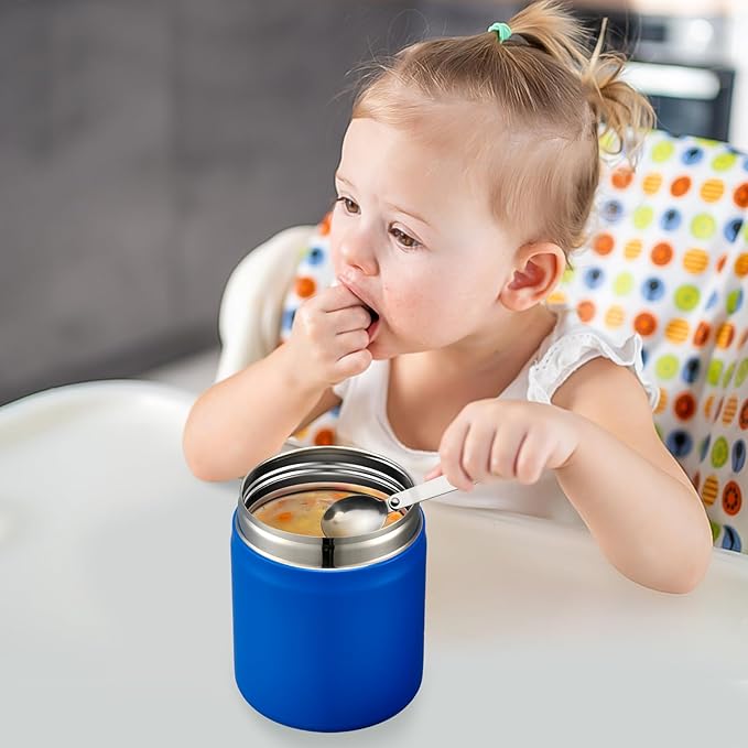 17oz Soup Thermo for Hot Food Kids Insulated Vacuum Food Jar with Stainless Steel Spoon Wide Mouth Thermo Leakproof Lunch Food Container Kids Hot Lunch Box (Blue)