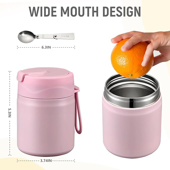 17oz Soup Thermo for Hot Food Kids Insulated Vacuum Food Jar with Stainless Steel Spoon Wide Mouth Thermo Leakproof Lunch Food Container Kids Hot Lunch Box (Pink)