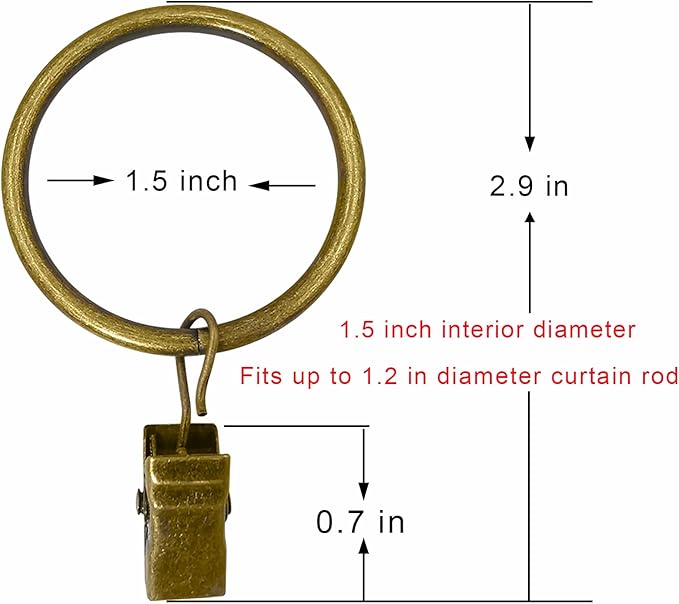 100 Pack Bronze Curtain Rings with Clips, Curtain Hooks Hangers Clip Rings for Hanging Drapes Bows Hat, Drapery Rings 1.5 in I D, Fits up to 1.2 in Diameter Curtain Rod.