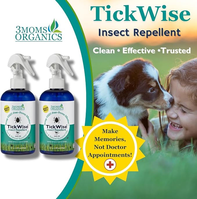 3 Moms Organics, TickWise 8oz Extra Strength Double Whammy 2-Pack - DEET- Free, Tick and Insect Repellent, Plant Based Essential Oils, All Natural Ingredients, Safe for Kids, Adults, Dogs & Horses
