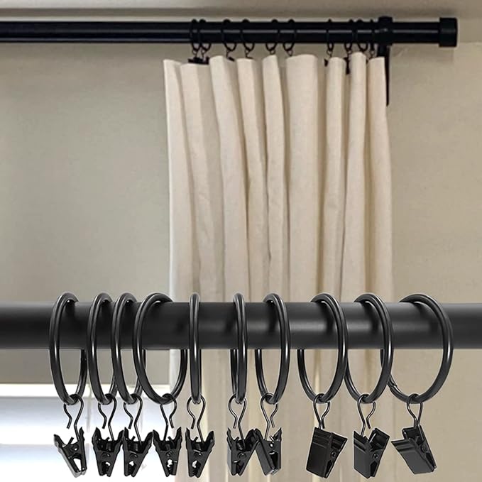 100 Pack Black Curtain Rings with Clips, Curtain Hooks Hangers Clip Rings for Hanging Drapes Bows Hat, Drapery Rings 1.5 in I D, Fits up to 1.2 in Diameter Curtain Rod.