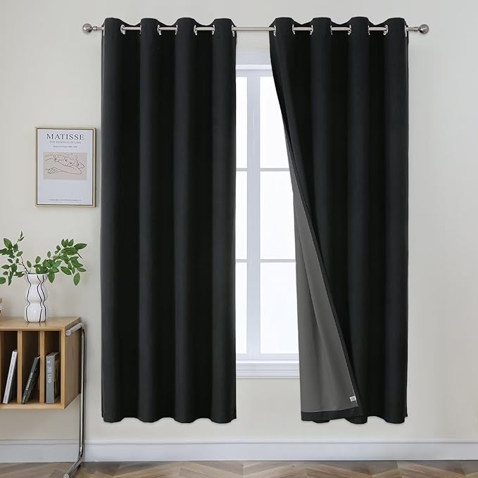 Joydeco Blackout Curtains 72 Inches Long 2 Panels Burg, Room Darkening Curtains for Bedroom, 100% Black Out Textured Thermal Drapes Privacy Protection 2 Panels Set(W52 x L72 Inch, Black)