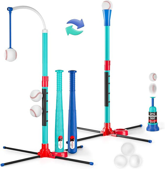 3-in-1 Baseball Set for Kids: Hanging Batting Tee + T Ball Stand Set Auto Ball Launcher for Toddlers & Youth Adjustable Height with 6 Balls 2 Bats Outdoor&Indoor Toys Sports Gifts for 3-12 Years Old