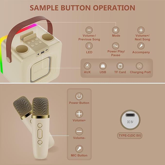 Karaoke Machine for Kids Adults, Portable Bluetooth Karaoke Speaker with 2 Wireless Microphones, Karaoke System with Mics Storage Hole and Lights, Birthday Gifts for Girls Boys Family Home Party