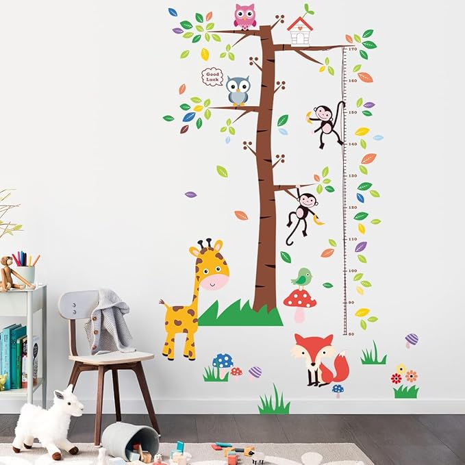 3D Cartoon Animal Height Growth Chart for Kids Wall Stickers Removable DIY Trees and Leaves Wall Stickers Vinyl Flowers Plants and Mushrooms Wall Art Decor for Nursery Kids Bedroom Living Room