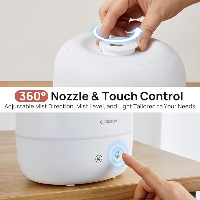 2L Cool Mist Humidifier for Bedroom with 360° Adjustable Nozzle, High and Low Mist Levels, Ultra-Low Noise, Light-Off, No BPA, Auto Shut Off, Ideal Baby Humidifier with Easy Top Filling