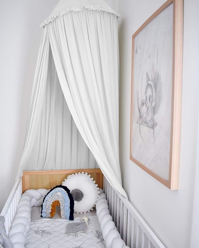 Kids Bed Canopy with Frills Cotton Cover Net for Crib Reading Nook Curtain Hideaway Hanging Round Tent Nursery Bedding Play Room Decor
