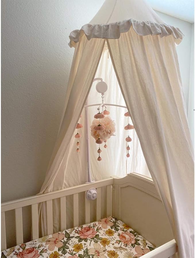 Kids Bed Canopy with Frills Cotton Cover Net for Crib Reading Nook Curtain Hideaway Hanging Round Tent Nursery Bedding Play Room Decor