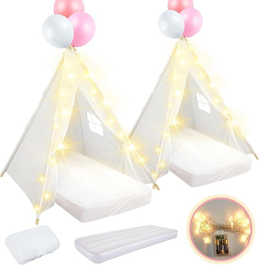 2 Pack Kids Teepee Tent with Mattress,Fitted Sheet,Light String,Washable Natural Cotton Toddler Play Tent for Girls Boys Indoor Outdoor Sleepover Slumber Birthday Party(White)