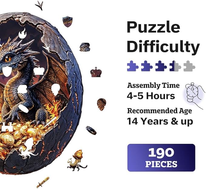Jigfoxy Wooden Puzzle for Adults, Hatchling Dragon Wooden Jigsaw Puzzles for Adults, Unique Animal Shape Wood Cut Puzzles for Family Friend Puzzle Lovers(M-11.4 * 9.5in-190pcs)