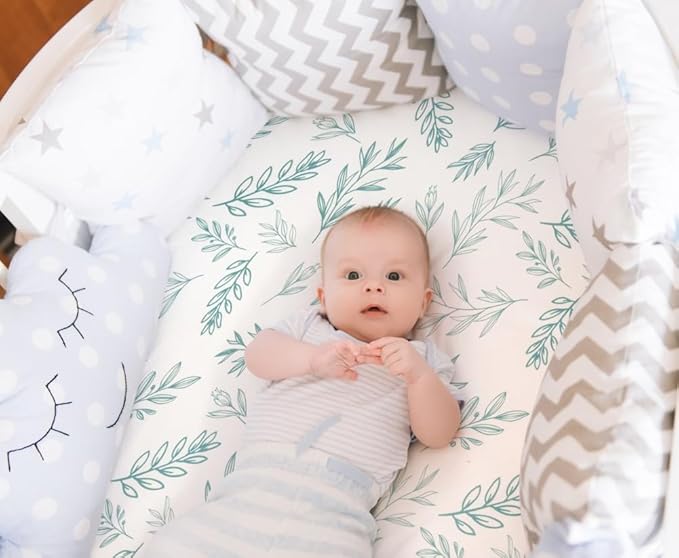 4 Pack Sage Green Fitted Nursery Sheets Breathable Neutral Unisex Baby Sheets for Boys or Girls with Leaf and Flower Design (Bassinet)