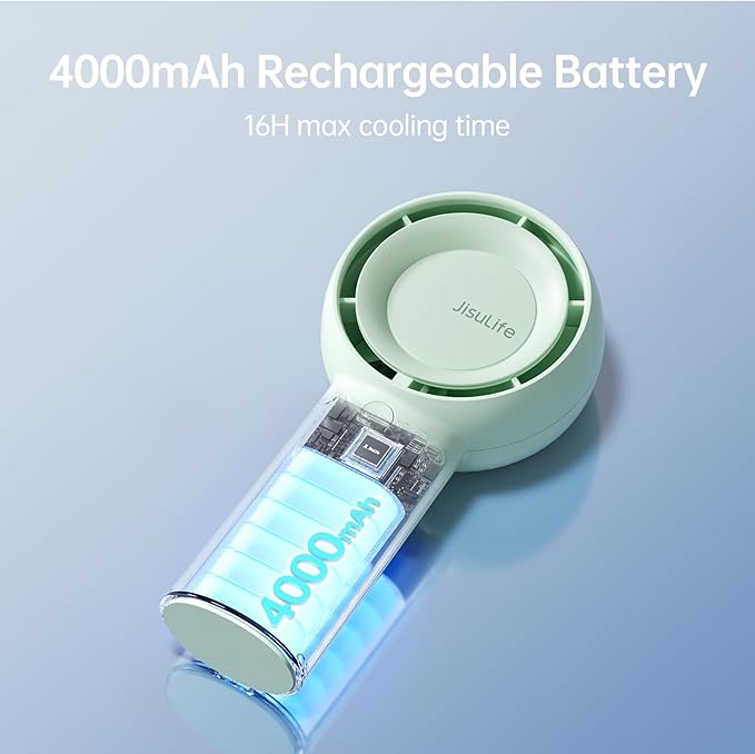 JISULIFE Portable Handheld Turbo Fan [16H Max Cooling Time], 4000mAh USB Rechargeable Personal Battery Operated Lash Small Pocket Fan with 5 Speeds for Travel/Outdoor/Vacation/Concerts - Green