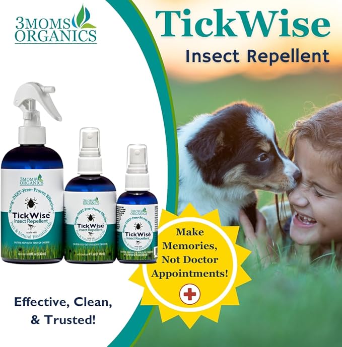 3 Moms Organics TickWise | DEET- Free, Tick and Insect Repellent | Plant Based Essential Oils and All Natural Ingredients | Safe for Kids, Adults, Dogs and HorsesTrio 8oz,4oz,2oz