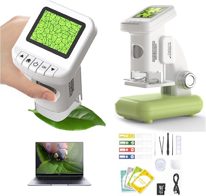 1200X Microscope for Kids with 2 inch Screen STEM Digital Science Kit Rechargeable Handheld Mini Pocket Children Students Slides Portable Gift for Kids Ages 6 to 12 (Green)