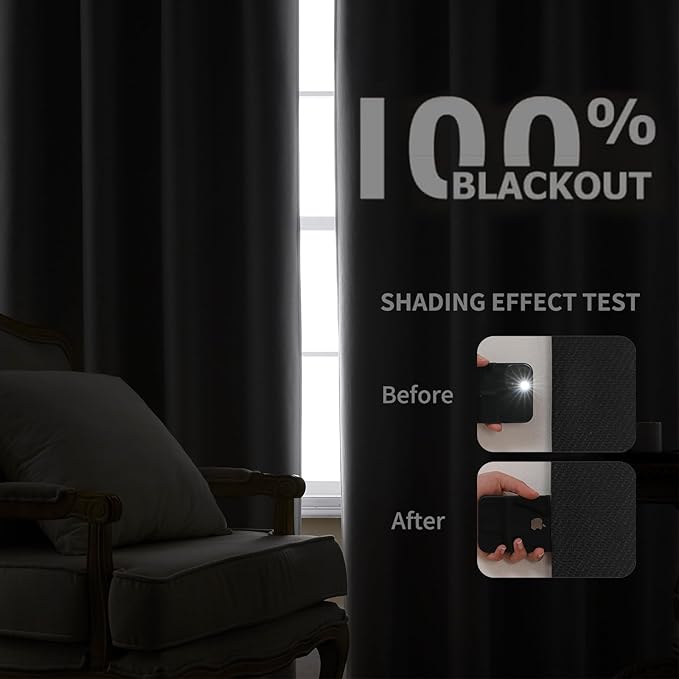 Joydeco 100% Blackout Curtains 96 Inches Long 2 Panels Set, Thermal Insulated Long Curtains& Drapes 2 Burg, Room Darkening Drapes for Bedroom Living Room Window (Black, W52 x L96 Inch)