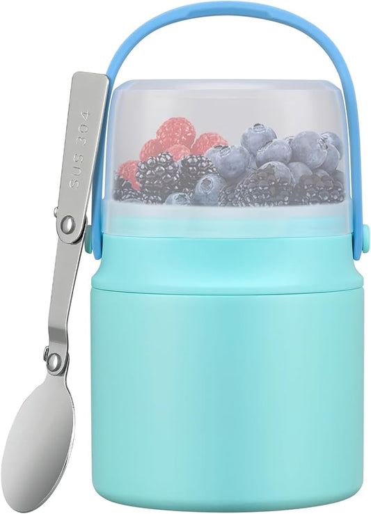 2-in-1 Insulated Food Jar & Snack Container - 15oz Kids Soup Thermos for Hot Food with Handle and Spoon, Leak Proof Reusable Toddler Snack Box, Perfect for School & Travel, Tiffany Blue