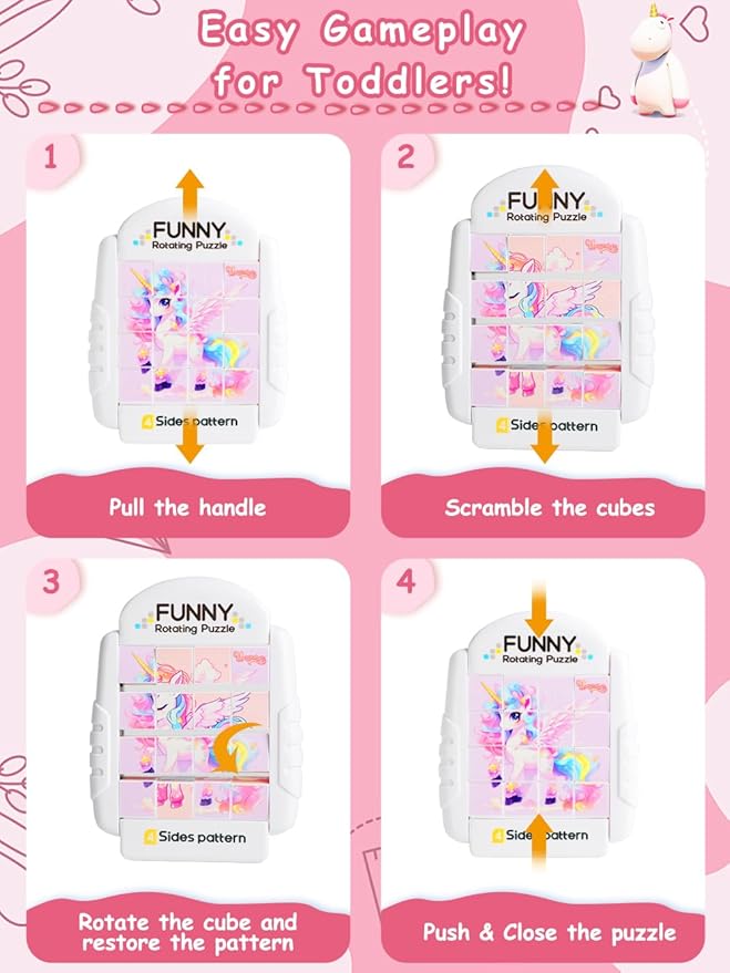 16-Piece Rotating Puzzles for Kids 4-6, Toddlers Puzzles 2-4, Road Trip, Airplane Activities Game, Travel Toys - Brain Teaser, Fine Motor Skills - Birthday Gifts Boys & Girls - Pink Alicorn