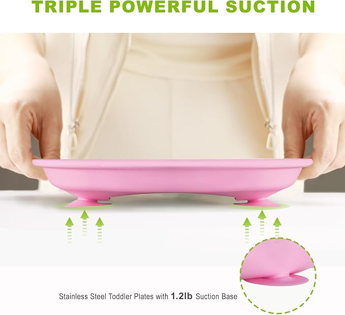 3-Pack Stainless Steel Baby Plates with Suction, BPA-Free Stainless Steel Kids Plates, 9” Divided Toddler Plate for Dishwasher Safe, Non-Slip Silicone Base, Detachable Design (Blue, Pink, Beige)