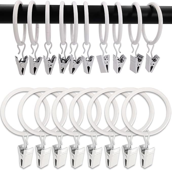 100 Pack White Curtain Rings with Clips, Curtain Hooks Hangers Clip Rings for Hanging Drapes Bows Hat, Drapery Rings 1.5 in I D, Fits up to 1.2 in Diameter Curtain Rod.
