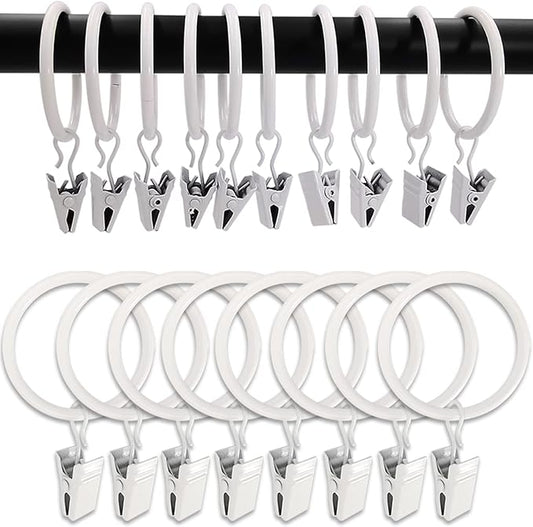100 Pack White Curtain Rings with Clips, Curtain Hooks Hangers Clip Rings for Hanging Drapes Bows Hat, Drapery Rings 1.5 in I D, Fits up to 1.2 in Diameter Curtain Rod.