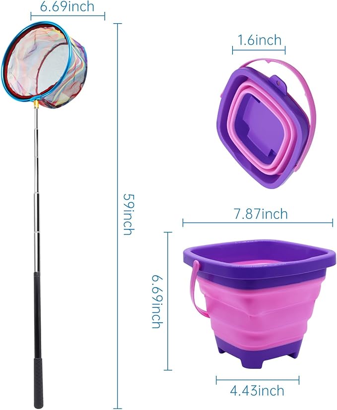 2PCS Fishing Net with Bucket, Telescopic Fishing Landing Net, Collapsible Kids Sand Bucket, Kids Fish Butterfly Catching for Freshwater Saltwater Outdoor Activities