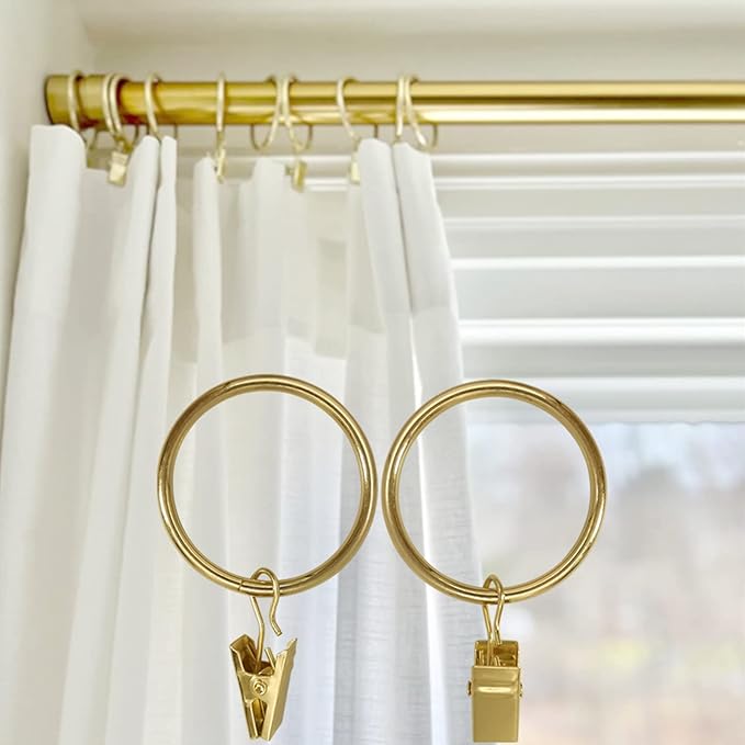 100 Pack Gold Curtain Rings with Clips, Curtain Hooks Hangers Clip Rings for Hanging Drapes Bows Hat, Drapery Rings 1.5 in I D, Fits up to 1.2 in Diameter Curtain Rod.