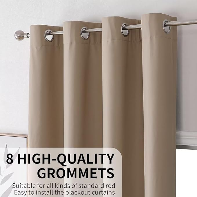 Joydeco Taupe Curtains 63 Inch Length for Bedroom, Solid Blackout Curtains 63 Inch Length for Livingroom, Grommet Thermal Insulated Solid Polyester Room Darkening Curtains 63 Inches Long