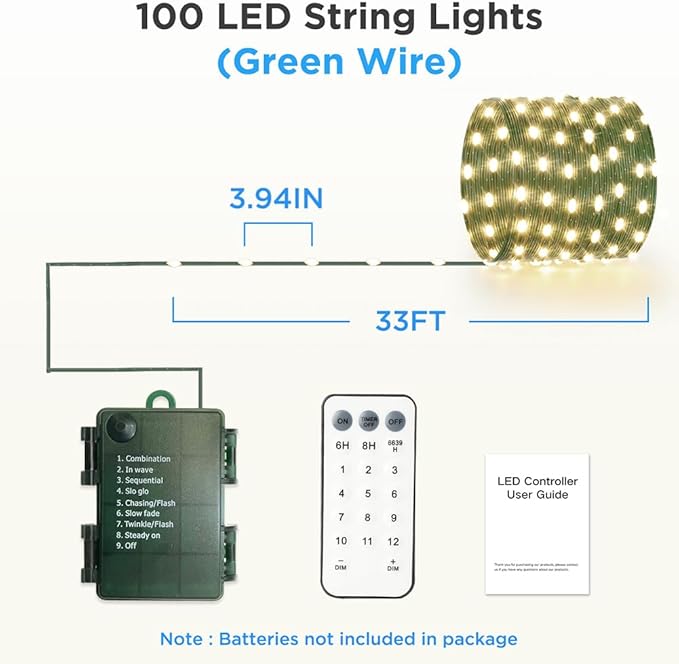 33ft Battery Operated String Lights, 100 LED Warm White & Multicolor Fairy String Lights Battery Powered w/Remote & Timer for Indoor Outdoor Christmas Trees Decoration Bedroom Patio