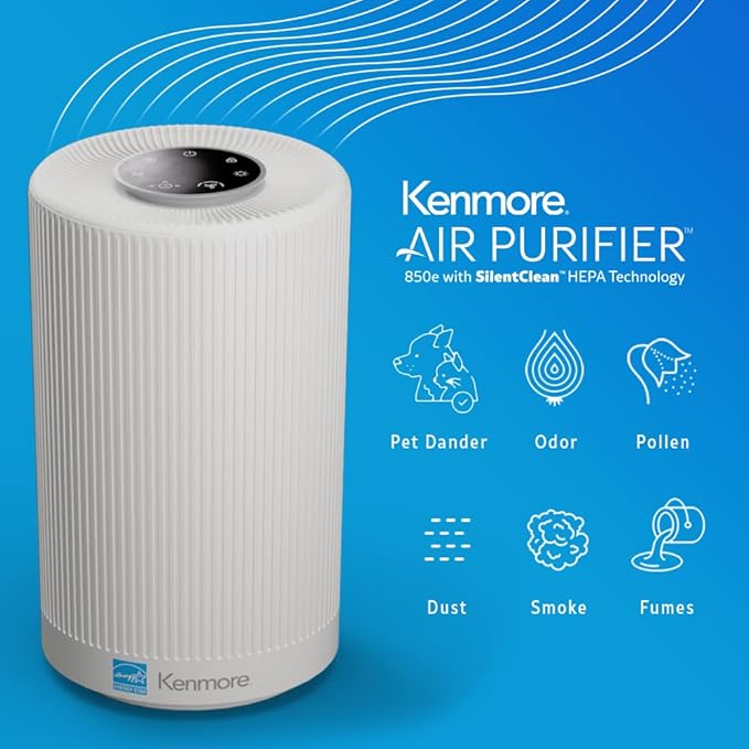 Kenmore PM1005 Air Purifier with H13 True HEPA Filter, Covers Up to 850 Sq.Foot, 25db SilentClean 3-Stage HEPA Filtration System for Office & Bedroom