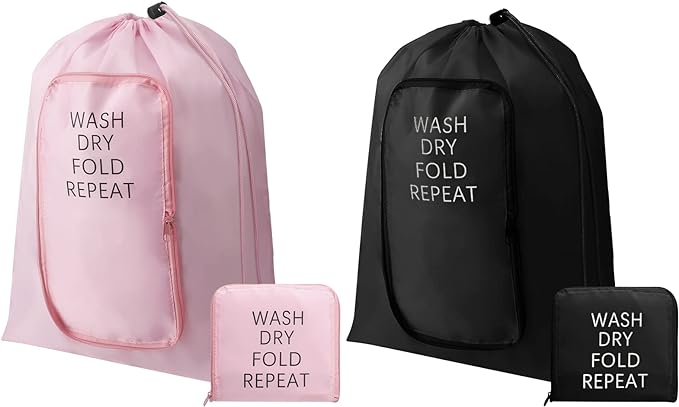 2 Pcs Travel Laundry Bag Washable Dirty Clothes Bag with Drawstring and Zipper for Suitcase, 22 x 18 Inch (Pink, Black,Classic)
