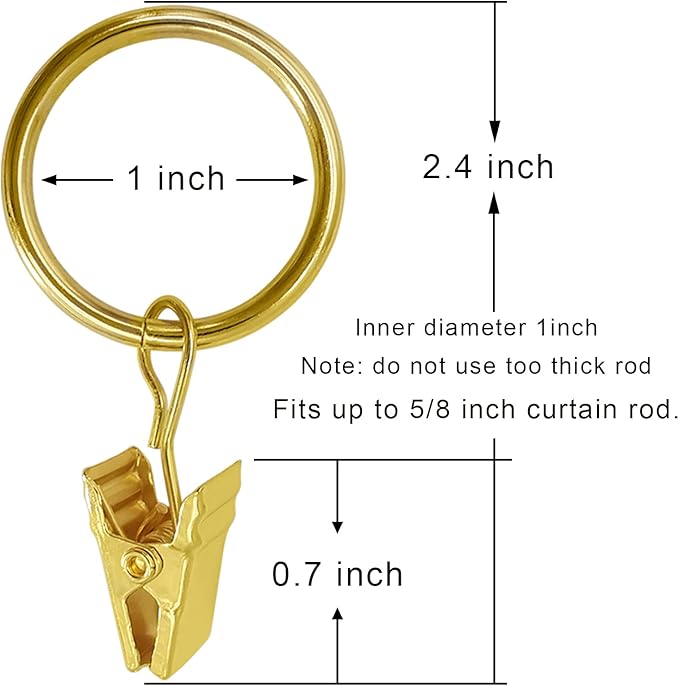100 Pack Gold Curtain Rings with Clips, Curtain Hooks Hangers Clip Rings for Hanging Drapes Bows Hat, Drapery Rings 1 in I D, Fits up to 5/8 in Diameter Curtain Rod.