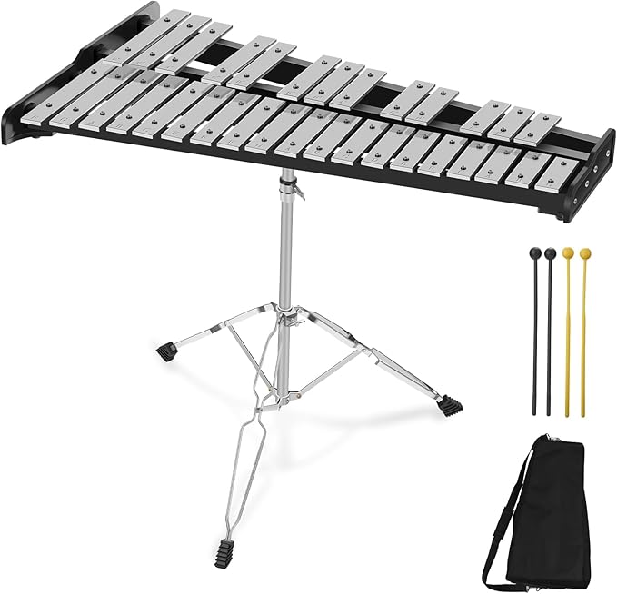 32 Note Glockenspiel Xylophone Percussion Kit with Height Adjustable Stand, Drumsticks and Carry Bag