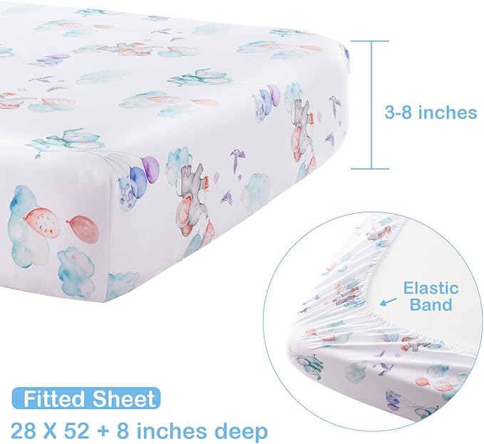 4 Piece Crib Bedding Set for Boys Girls, Infant Toddler Nursery Baby Bedding Sets Includes Cartoon Quilt, Fitted Crib Sheet, Crib Skirt and Plush Elephant Toy