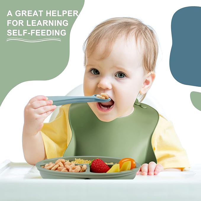 10 Pack Silicone Baby Feeding Set, Toddlers Led Weaning Feeding Supplies with Suction Baby Bowl Divided Plate Adjustable Bib Soft Silicone Spoon Fork, Infant Self Eating Utensil Set (Blue, Green)