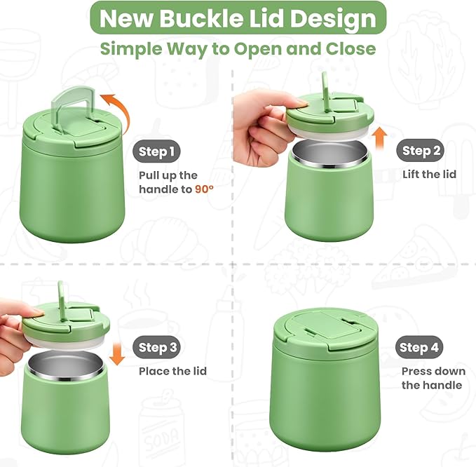 20oz Insulated Vacuum Food Jar with Buckle Lid,Soup Thermo for Hot Food Kids,Wide Mouth Leakproof Stainless Steel Lunch Container with Spoon-Green