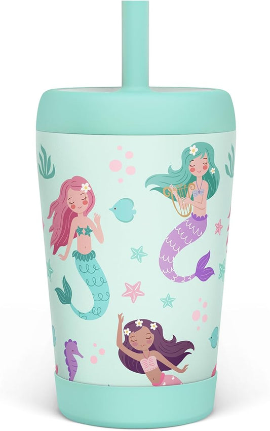 Kid Insulated Stainless Steel Tumbler with Silicone Straw, 12oz Sippy Cup for Kids (Magical Mermaids)