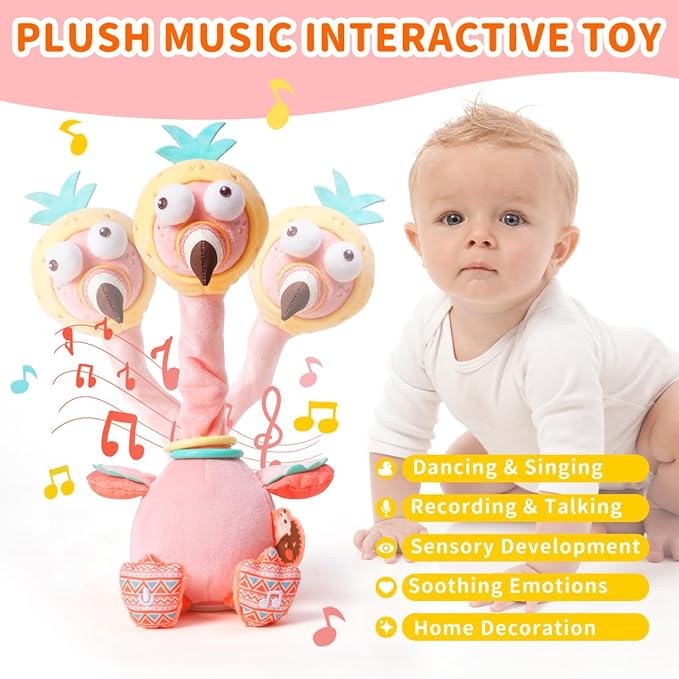 Jollybaby Plush Talking Singing Dancing Musical Flamingo Toy for Toddlers 1-3 Just Like Cactus Toy, Music Mimicking Interactive Toy for Crawling Kids, Sensory Stuffed Toy Gift for Baby 0-6-12 Month