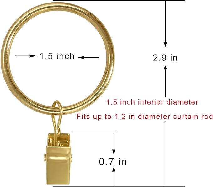 100 Pack Gold Curtain Rings with Clips, Curtain Hooks Hangers Clip Rings for Hanging Drapes Bows Hat, Drapery Rings 1.5 in I D, Fits up to 1.2 in Diameter Curtain Rod.