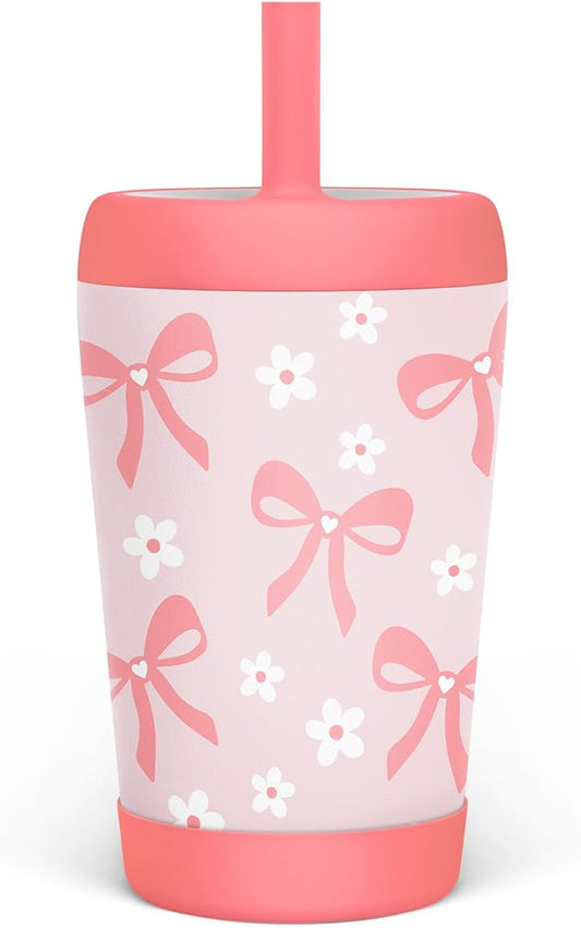 Kid Insulated Stainless Steel Tumbler with Silicone Straw, 12oz Sippy Cup for Kids (Pink Bows)