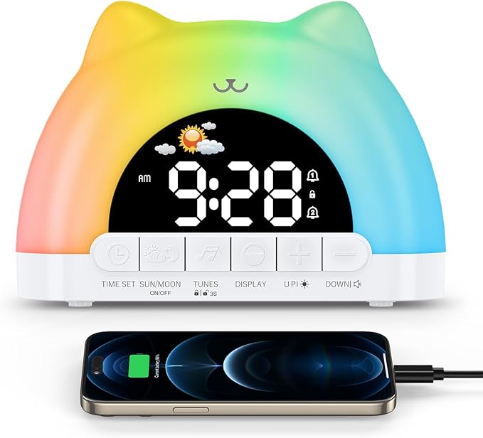 Kids Alarm Clock, OK to Wake Clock for Kids, Cat Clock with 11 Colors Night Light, 10 Soothing Sounds, Child Lock, Dual Alarms, Sleep Training, Birthday Gift for Boy Girls Children