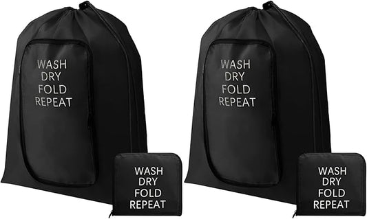 2 Pcs Travel Laundry Bag Washable Dirty Clothes Bag with Drawstring and Zipper for Suitcase, 22 x 18 Inch (Black,Classic)