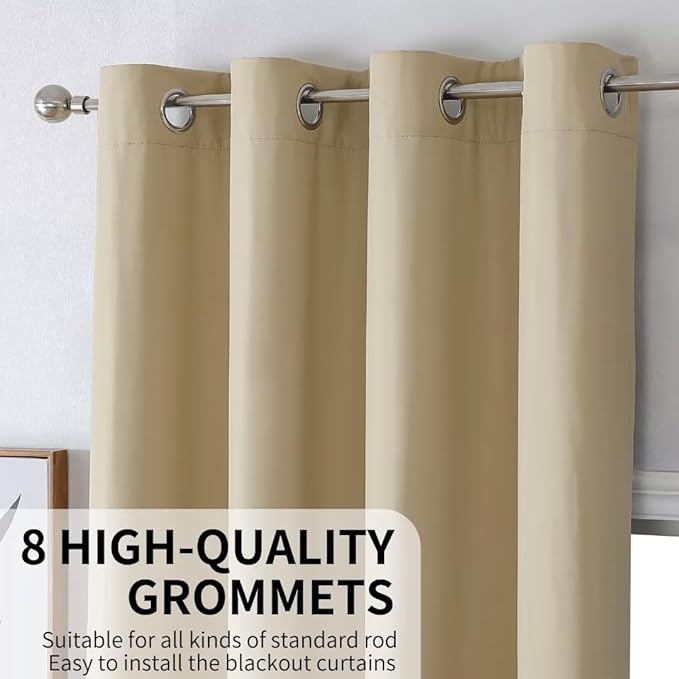 Joydeco 100% Beige Black Out Curtains 96 Inches Long 2 Panels Set, Blackout Curtains 96 Inches Long for Bedroom Windows, Solid Thermal Insulated 96 Inch Black Out Drapes 2 Panels for Livingroom