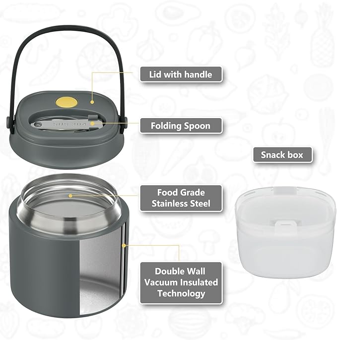 2 - in - 1 Soup Thermo for Hot Food 14oz with Snack Box Container Leak Proof Insulated Lunch Container Kids and Adults Stainless Steel Double Wall Vacuum Wide-mouth Thermal with Spoon and Handle