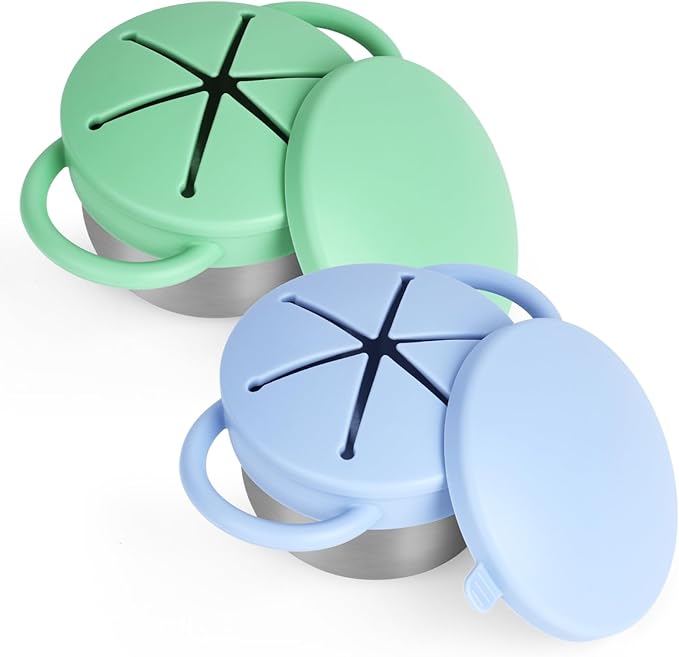 2 Pack Snack Cups for Toddlers Spill Proof - Detachable Stainless Steel Toddler Snack Cups with Silicone Lids & Handles - Dishwasher Safe Baby Snack Containers for Mess-Free Snacking (Blue and Green)