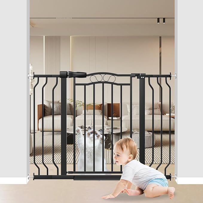 29.53"-43.30" Mornyray Auto-Close Baby Gate Extra Wide, Pressure Mounted Dog & Pet Gate for Stairs Doorways, No Drill Safety Barrier with Lace Design, Metal Child Proof Gate Indoor Outdoor, Black