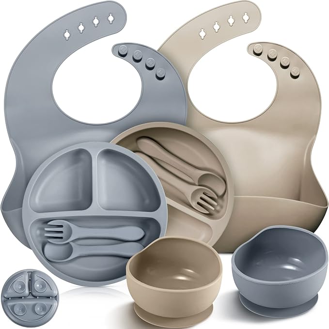 10 Pack Silicone Baby Feeding Set, Toddlers Led Weaning Feeding Supplies with Suction Baby Bowl Divided Plate Adjustable Bib Soft Silicone Spoon Fork, Infant Self Eating Utensil Set (Gray, Khaki)